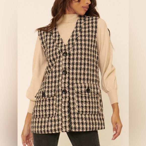 Women’s Promesa Plaid Tweed Utility Button Vest Size Medium Black Cream - Picture 2 of 6